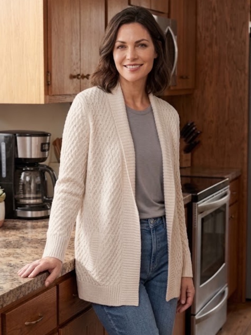 Talbots Cream Lambswool Cable Diamond Knit Button Cardigan Sweater XLP
CC